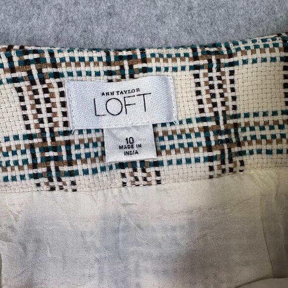 Ann Taylor Loft Plaid Skirt WMNS 10 Ivory/Teal/Brown Flared Trumpet Mini Office - Picture 3 of 6